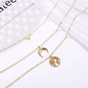 Triple Heart Moon and World Layered Necklace